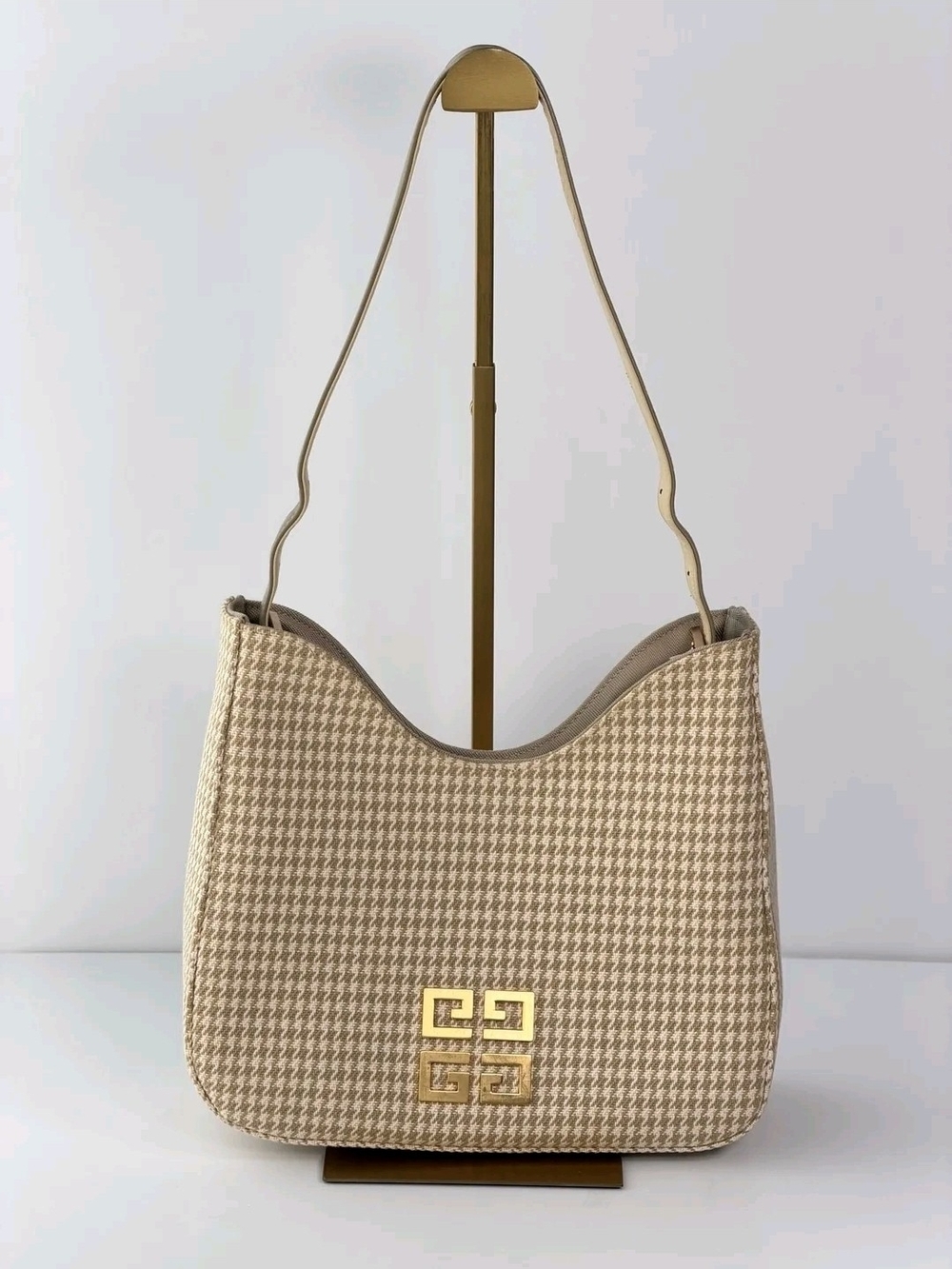 Givenchy Beige Houndstooth Shoulder Bag with Gold Logo